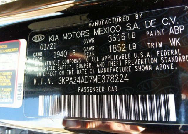 2021 KIA RIO(VIN: 3KPA24AD7ME378224
