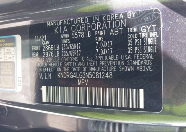 2022 KIA SORENTO HYBRID(VIN: KNDRG4LG3N5081248