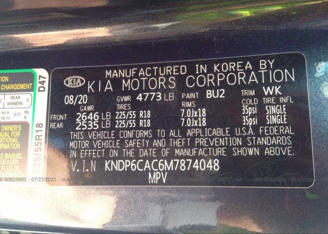 2021 KIA SPORTAGE(VIN: KNDP6CAC6M7874048