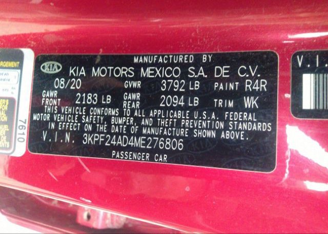 2021 KIA FORTE(VIN: 3KPF24AD4ME276806