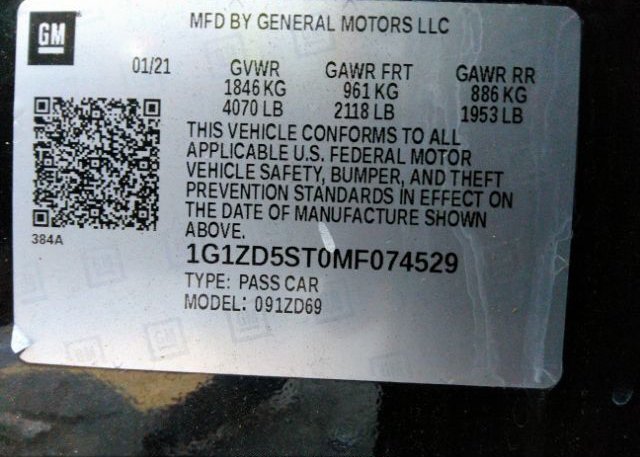 2021 CHEVROLET MALIBU(VIN: 1G1ZD5ST0MF074529
