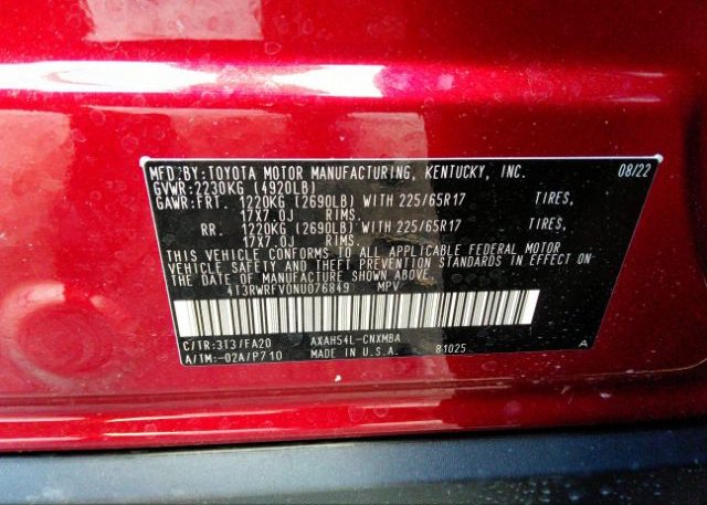 2022 TOYOTA RAV4(VIN: 4T3RWRFV0NU076849