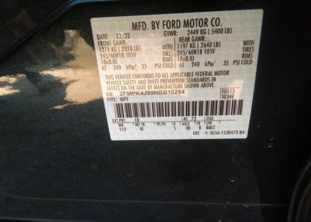 2022 FORD EDGE(VIN: 2FMPK4J99NBB10284