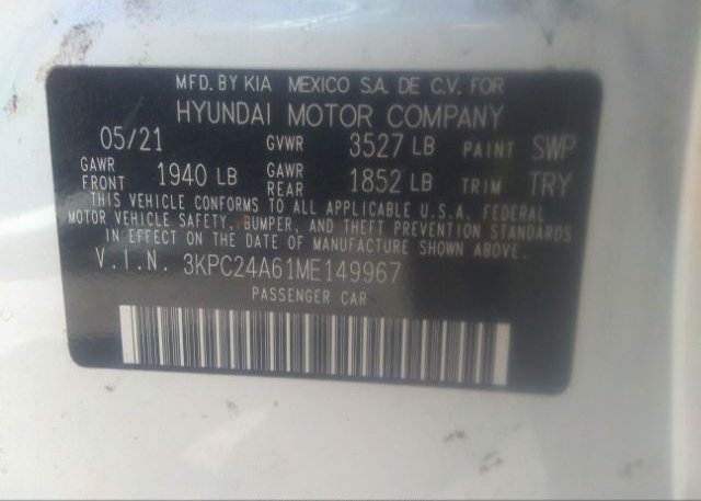 2021 HYUNDAI ACCENT(VIN: 3KPC24A61ME149967