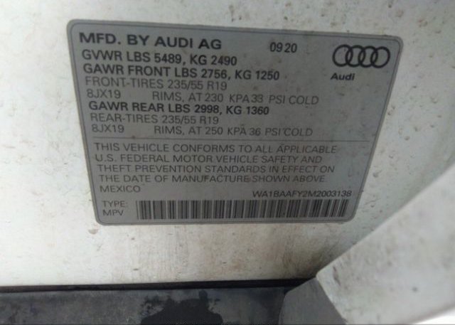 2021 AUDI Q5(VIN: WA1BAAFY2M2003138