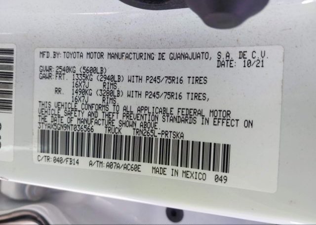 2022 TOYOTA TACOMA 2WD(VIN: 3TYAX5GN9NT036566