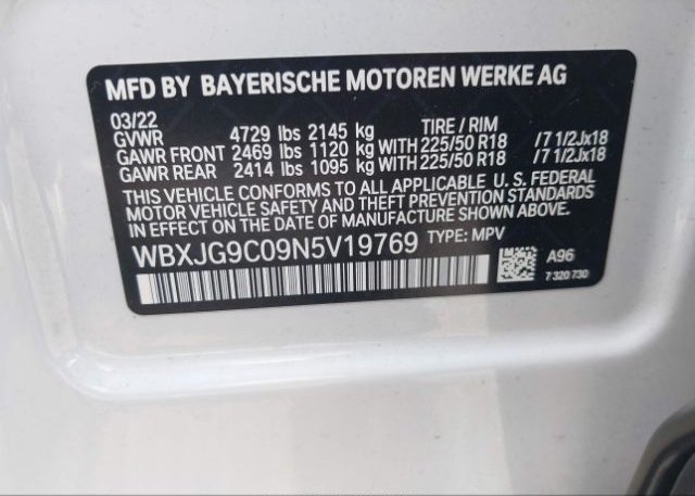 2022 BMW X1(VIN: WBXJG9C09N5V19769