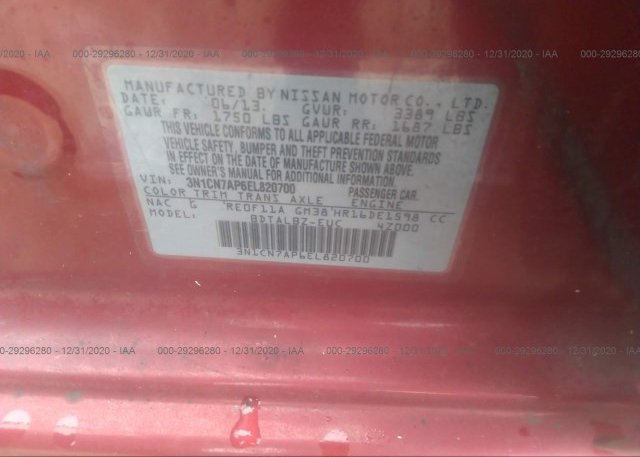 3N1CN7AP6EL820700 2014 NISSAN VERSA