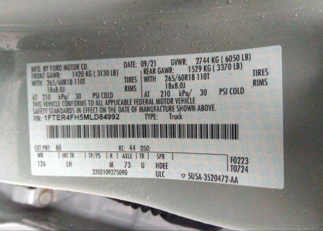 2021 FORD RANGER(VIN: 1FTER4FH5MLD84992