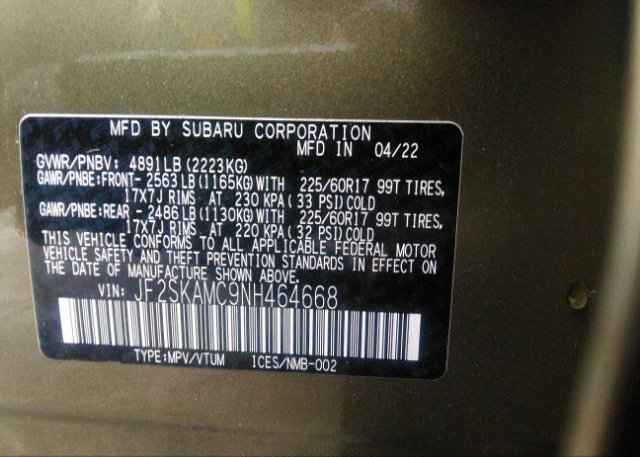 2022 SUBARU FORESTER(VIN: JF2SKAMC9NH464668