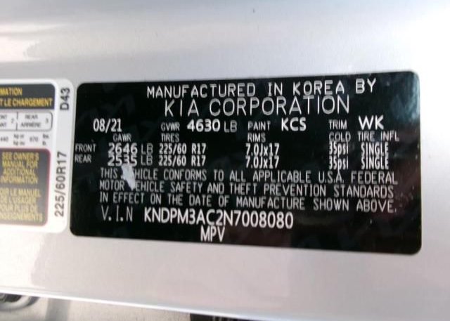 2022 KIA SPORTAGE(VIN: KNDPM3AC2N7008080