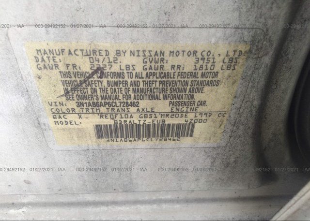 3N1AB6AP6CL728462 2012 NISSAN SENTRA