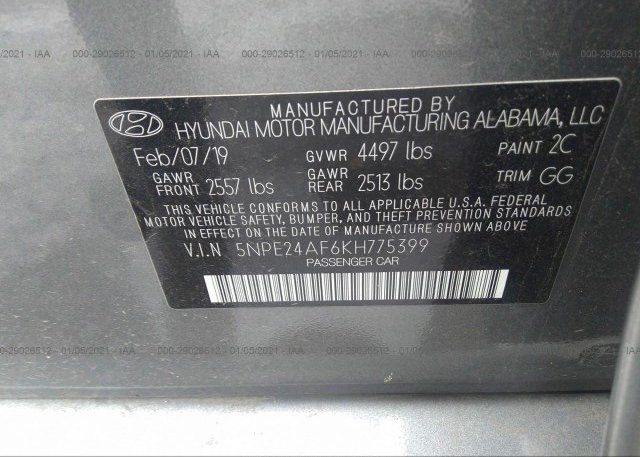 5NPE24AF6KH775399 2019 HYUNDAI SONATA