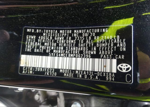 2021 TOYOTA COROLLA(VIN: 5YFS4MCE8MP062396