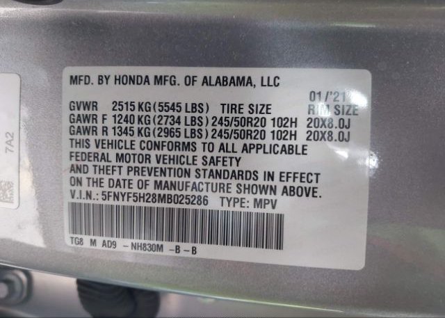 2021 HONDA PILOT(VIN: 5FNYF5H28MB025286