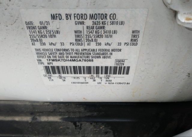 2021 FORD EXPLORER(VIN: 1FMSK7DH4MGA78088