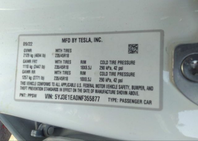 2022 TESLA MODEL 3(VIN: 5YJ3E1EA0NF355877