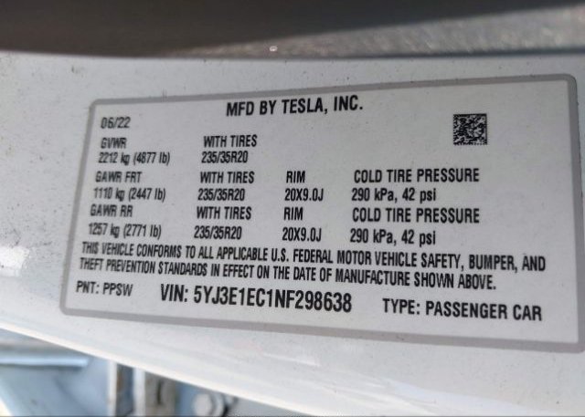 2022 TESLA MODEL 3(VIN: 5YJ3E1EC1NF298638