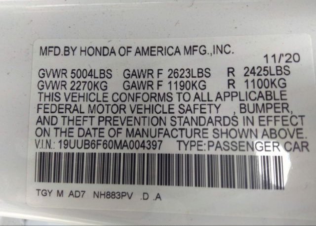 2021 ACURA TLX(VIN: 19UUB6F60MA004397