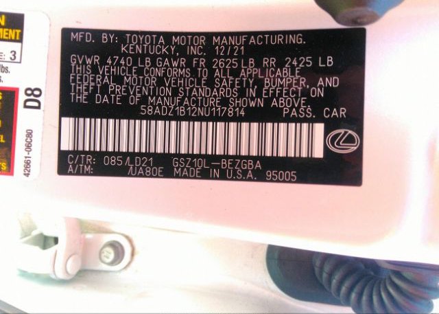 2022 LEXUS ES(VIN: 58ADZ1B12NU117814