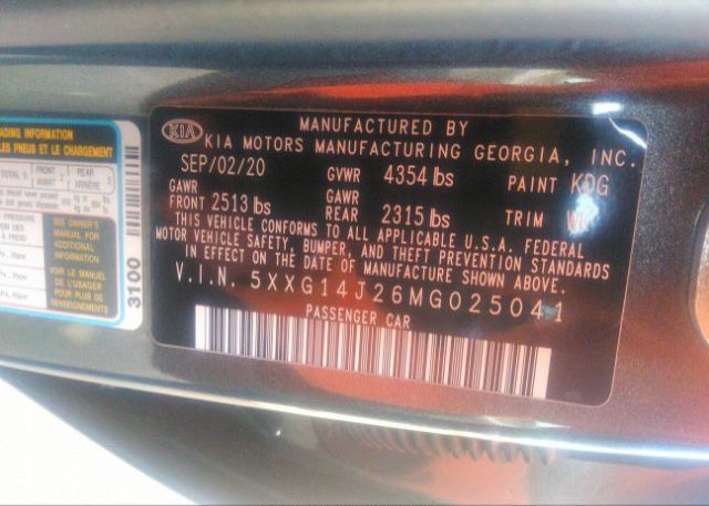2021 KIA K5(VIN: 5XXG14J26MG025041