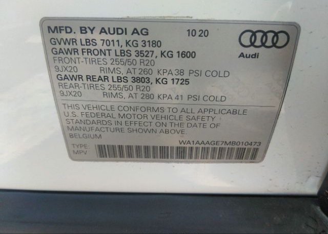2021 AUDI E-TRON VIN: WA1AAAGE7MB010473