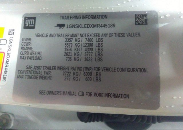 2021 CHEVROLET TAHOE(VIN: 1GNSKLEDXMR445189