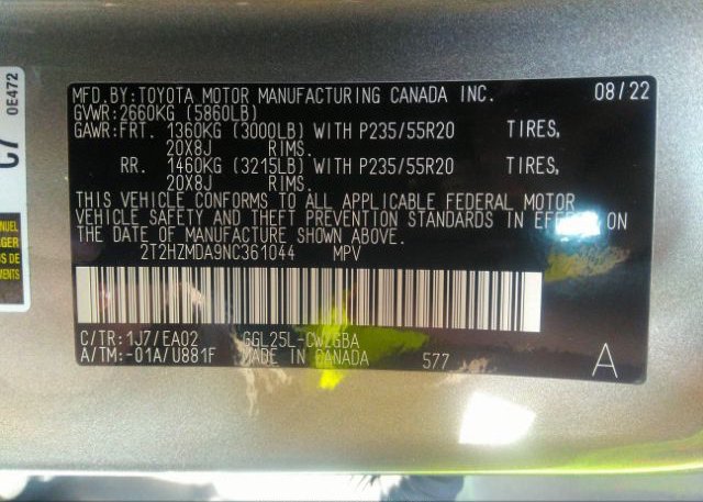 2022 LEXUS RX(VIN: 2T2HZMDA9NC361044