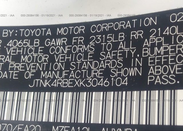 JTNK4RBEXK3046104 2019 TOYOTA COROLLA HATCHBACK