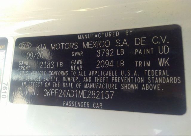 2021 KIA FORTE(VIN: 3KPF24AD1ME282157