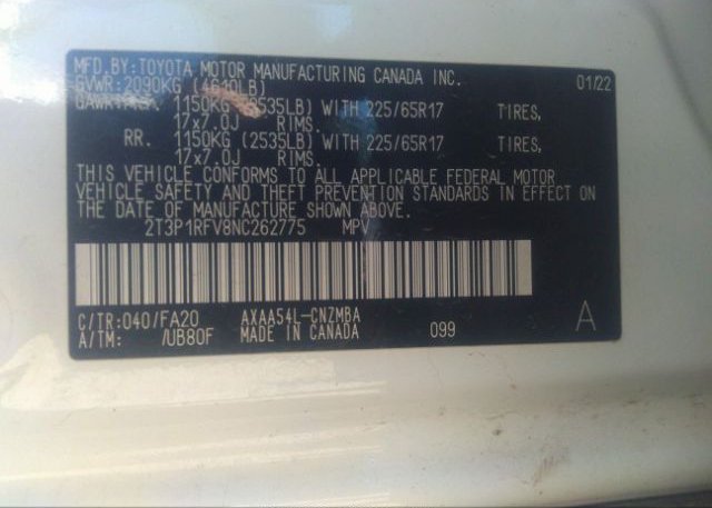 2022 TOYOTA RAV4(VIN: 2T3P1RFV8NC262775