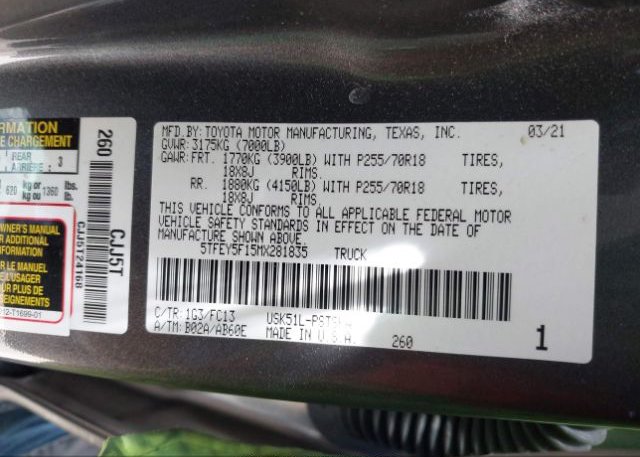 2021 TOYOTA TUNDRA 2WD(VIN: 5TFEY5F15MX281835