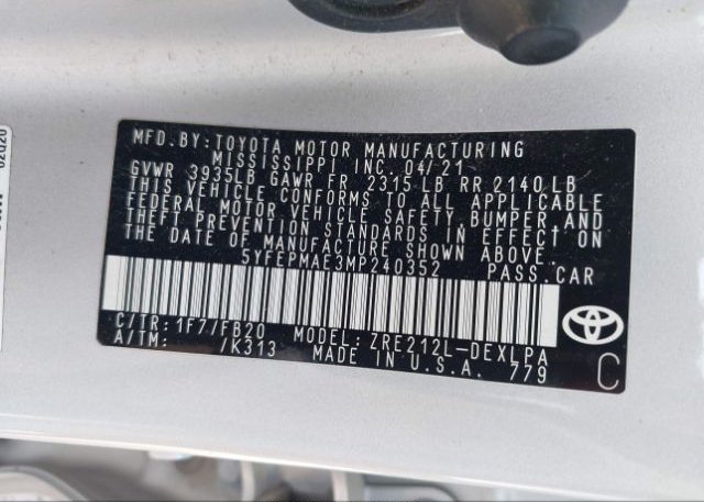2021 TOYOTA COROLLA(VIN: 5YFEPMAE3MP240352