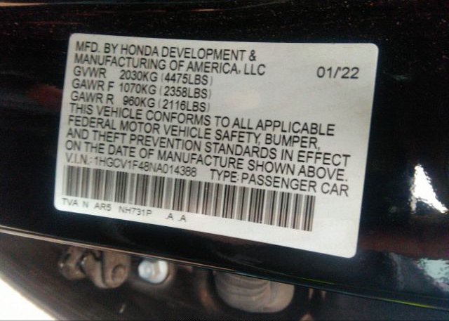 2022 HONDA ACCORD SEDAN(VIN: 1HGCV1F48NA014388