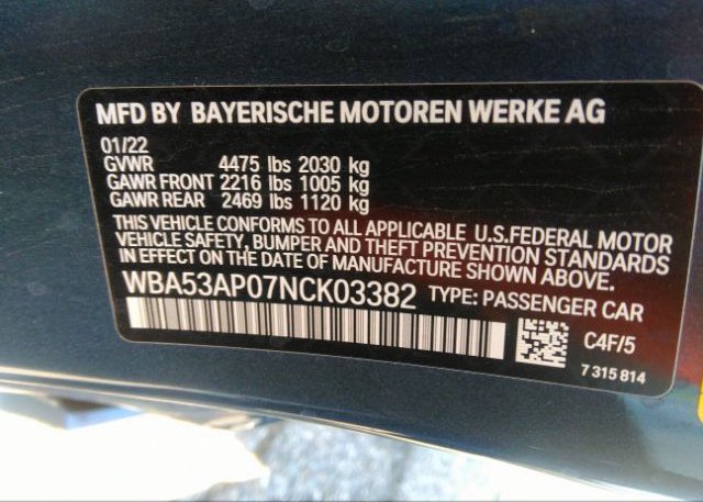 2022 BMW 4 SERIES VIN: WBA53AP07NCK03382