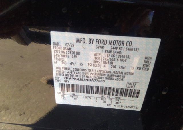 2022 FORD EDGE(VIN: 2FMPK4J93NBA77685