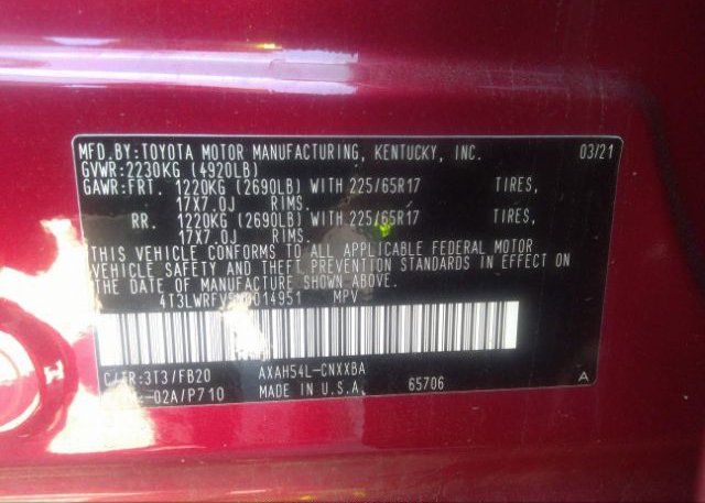 2021 TOYOTA RAV4(VIN: 4T3LWRFV5MU014951