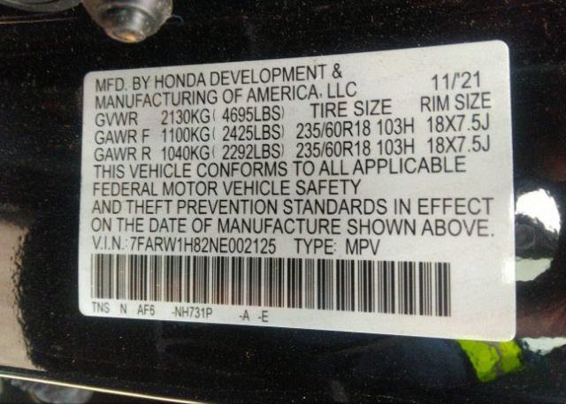 2022 HONDA CR-V(VIN: 7FARW1H82NE002125