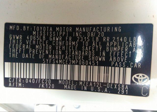2021 TOYOTA COROLLA(VIN: 5YFS4MCE2MP060451