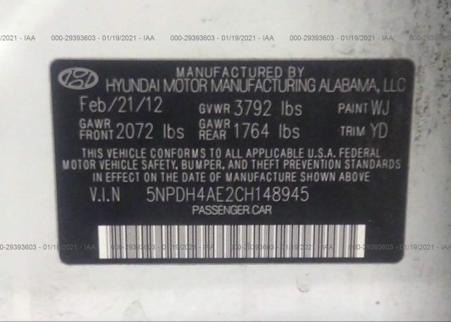 5NPDH4AE2CH148945 2012 HYUNDAI ELANTRA