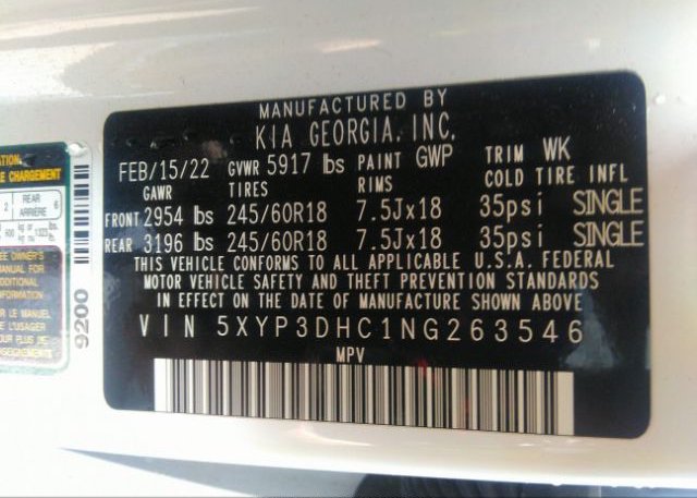 2022 KIA TELLURIDE(VIN: 5XYP3DHC1NG263546