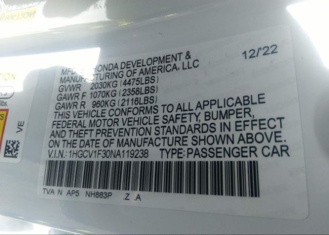 2022 HONDA ACCORD SEDAN(VIN: 1HGCV1F30NA119238