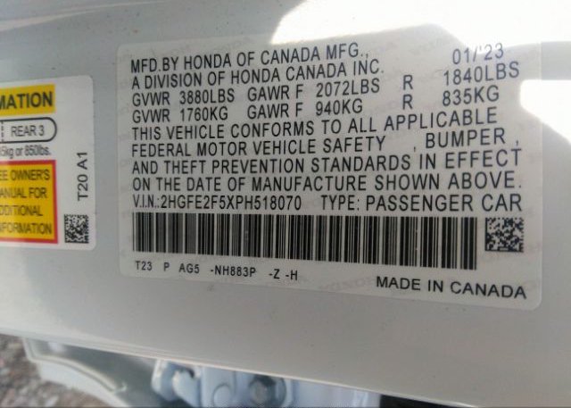 2023 HONDA CIVIC SEDAN(VIN: 2HGFE2F5XPH518070