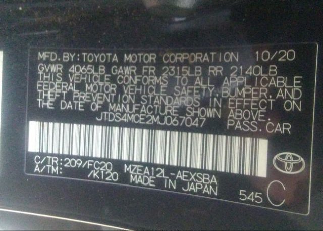 2021 TOYOTA COROLLA(VIN: JTDS4MCE2MJ067047