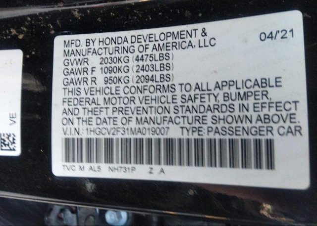 2021 HONDA ACCORD SEDAN(VIN: 1HGCV2F31MA019007