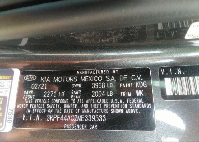 2021 KIA FORTE(VIN: 3KPF44AC2ME339533