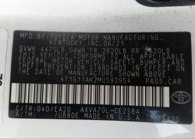 2021 TOYOTA CAMRY(VIN: 4T1G11AK2MU593954
