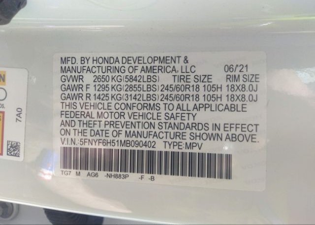 2021 HONDA PILOT(VIN: 5FNYF6H51MB090402