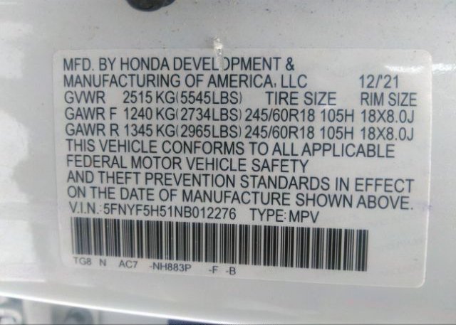 2022 HONDA PILOT(VIN: 5FNYF5H51NB012276