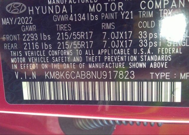 2022 HYUNDAI KONA(VIN: KM8K6CAB8NU917823